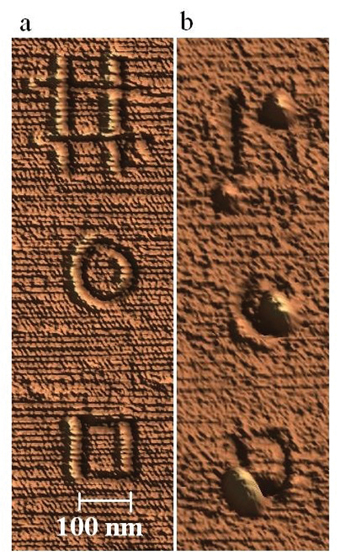 משמאל: סימנים ש"צוירו" באמצעות לייזר, בשיטה שפותחה במכון. רוחב הקו צר פי 50 מאורך גל האור של הלייזר. מימין: סימנים ש"צוירו" בשיטה הקיימת